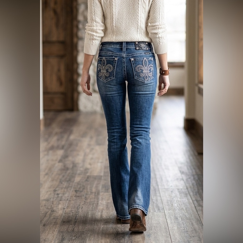 Miss Me Boot Cut Jeans Flare Low Rise Inseam 32”Embroidered Rhinestone Sz 27